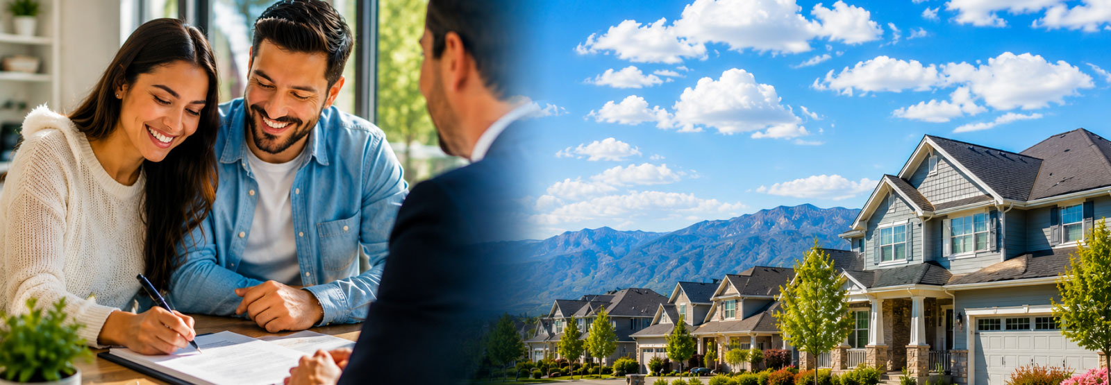 Composite of two images, left side has a couple signing paperwork, the right side has new construction homes